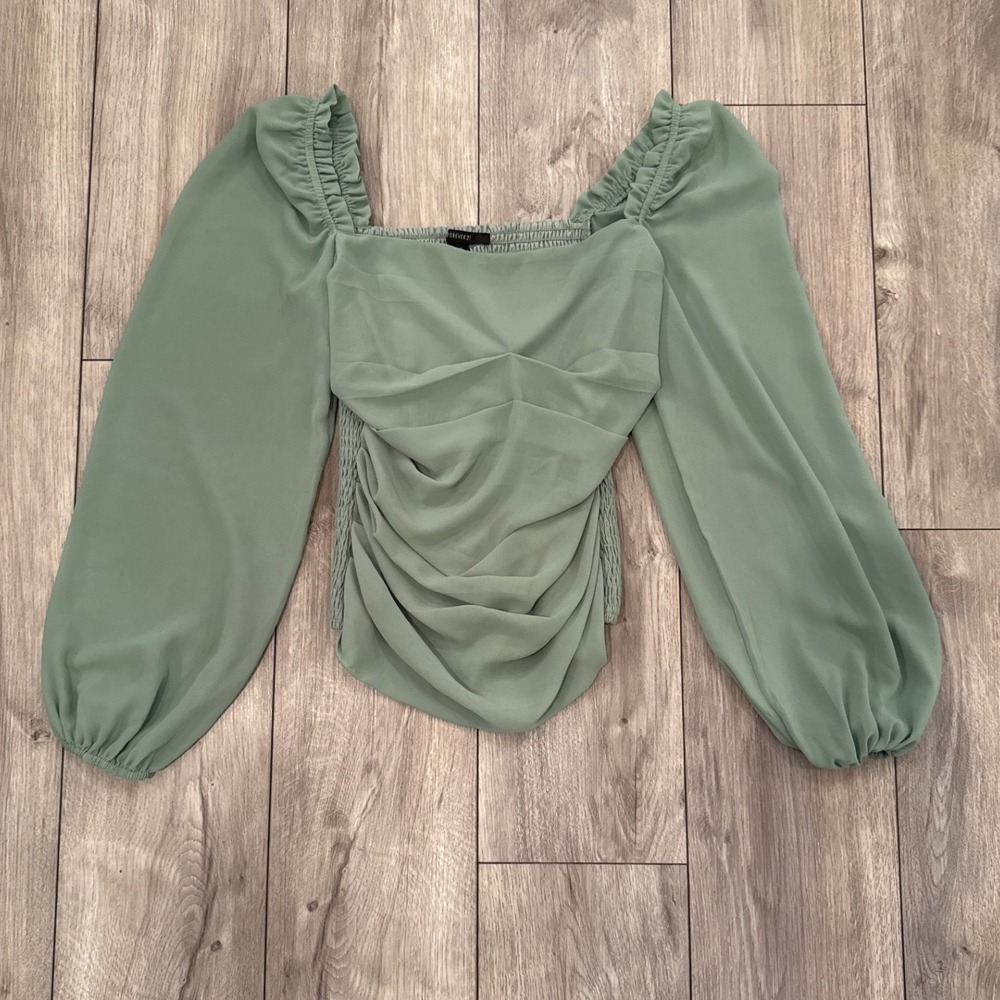 Forever 21 Sage Green Smocked Square Neck Ruched Puff Sleeve Top Womens S
